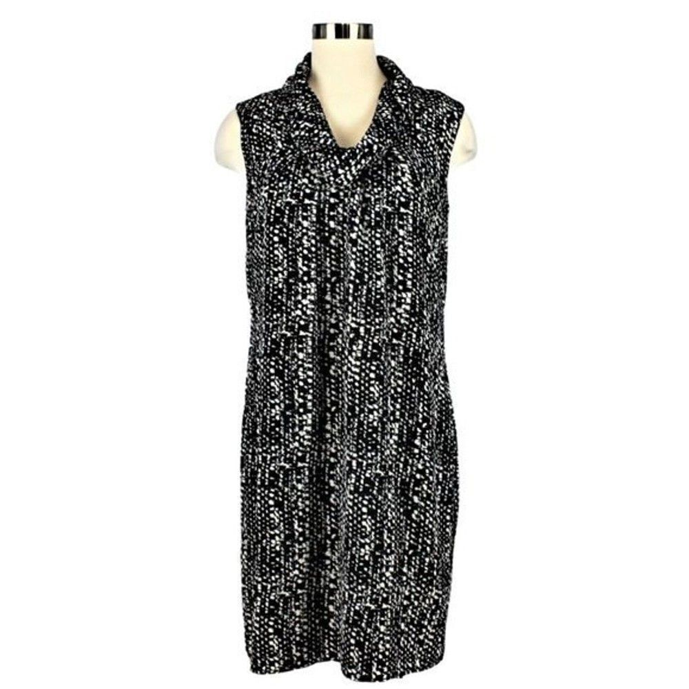 Minimalist Dress Cowl Neck Shift Knee Length Sleeveless Abstract Black & White